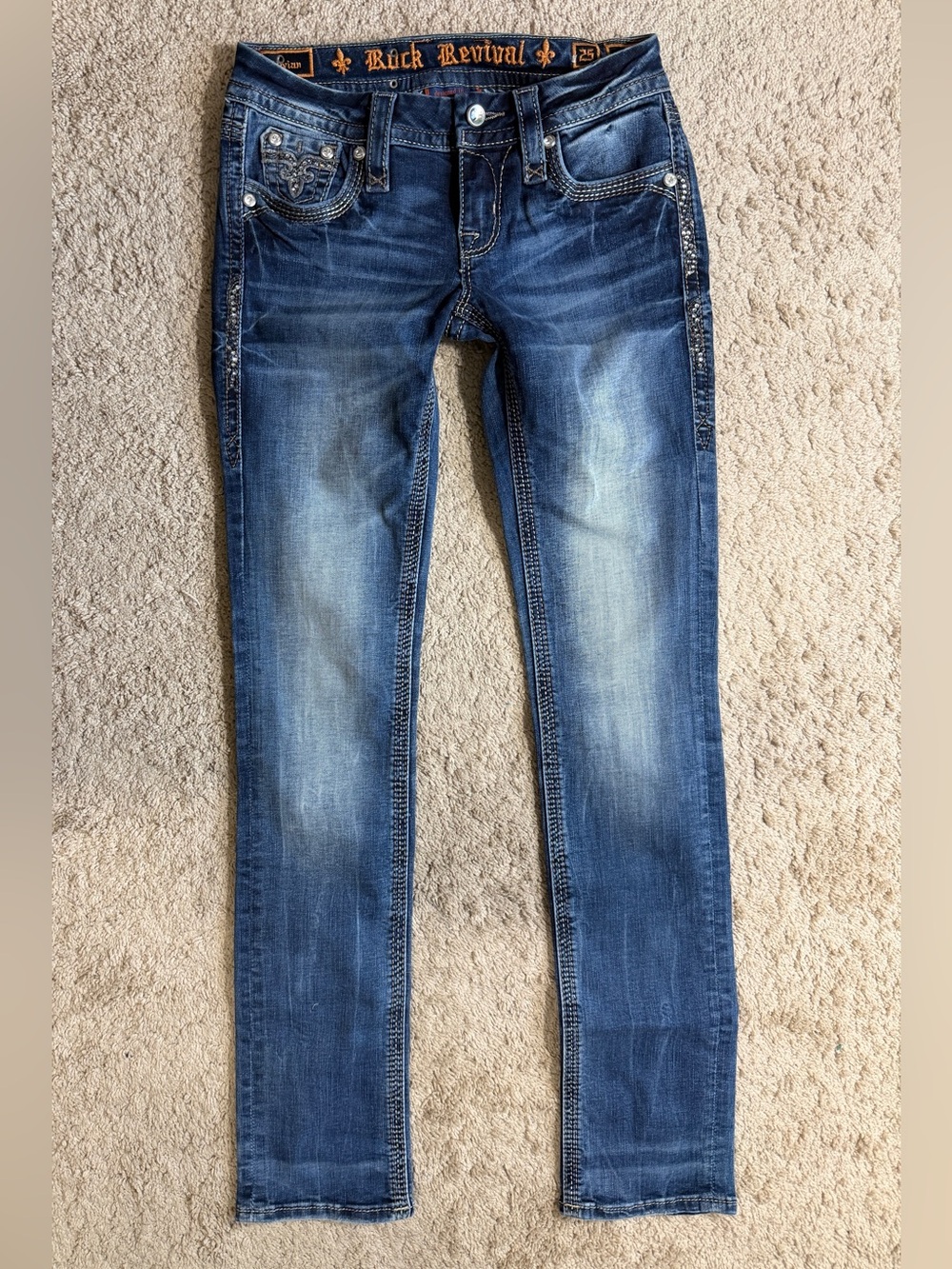 Rock Revival Jeans Womens Size 25 Vivian Straight Y2K Blue Rhinestone Pockets - Picture 9 of 9